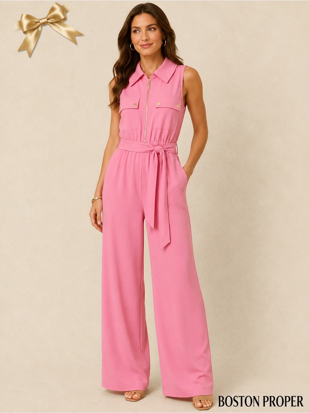 Boston Proper Pink Sleeveless Zip Front Wide Leg Jumpsuit XS NWT